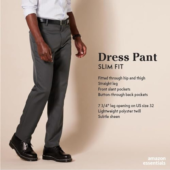 AMAZON ESSENTIALS MEN'S SLIM-FIT FLAT-FRONT DRESS PANT DARK GRAY 28" x 28" New AMAZON ESSENTIALS MEN'S SLIM-FIT FLAT-FRONT DRESS PANT DARK GRAY 28" x 28" New