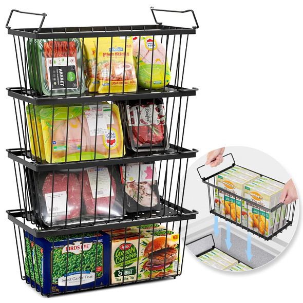 TAFURA FREEZER ORGANIZER BINS 14" Lx 7" W x 6.1 H 4PK STACKABLE BASKETS - BLACK