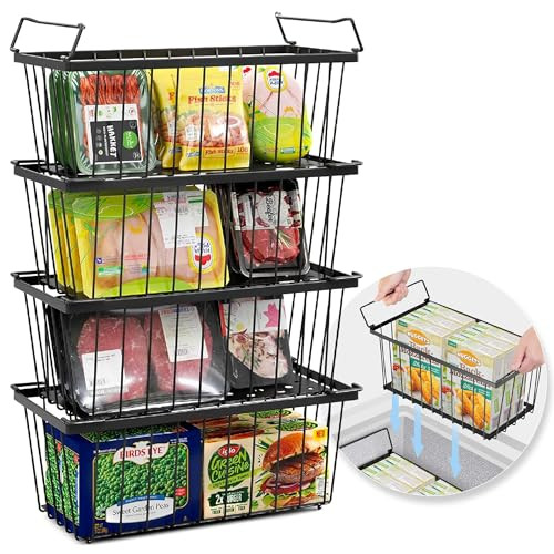 TAFURA FREEZER ORGANIZER BINS 14" Lx 7" W x 6.1 H 4PK STACKABLE BASKETS - BLACK