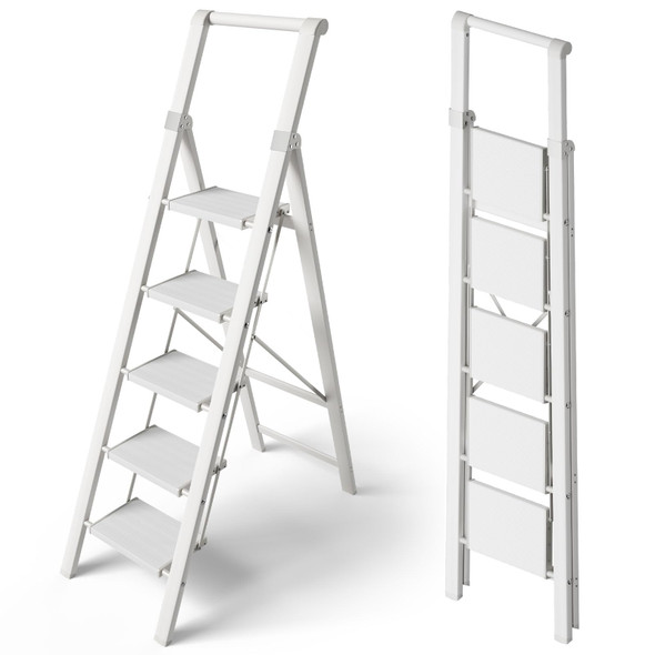 TARANTA 5 STEP LADDER, PORTABLE FOLDING LADDER WITH WIDE PEDAL, 330 LBS - WHITE TARANTA 5 STEP LADDER, PORTABLE FOLDING LADDER WITH WIDE PEDAL, 330 LBS - WHITE