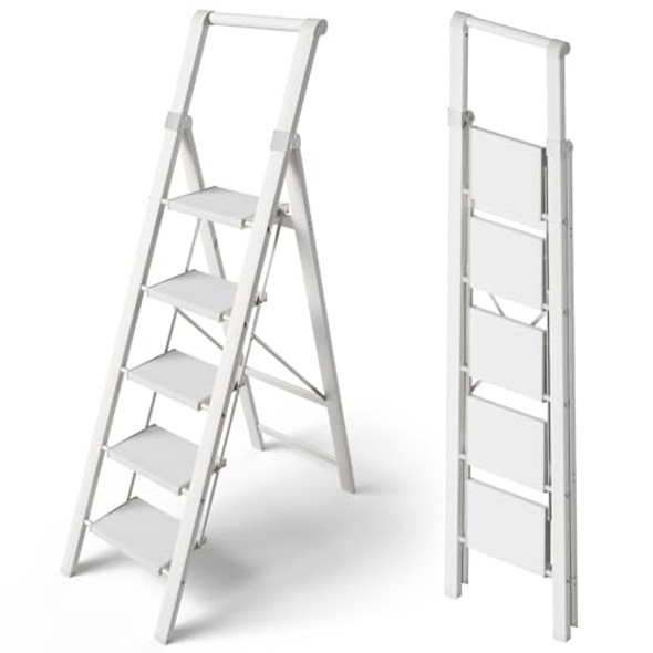 TARANTA 5 STEP LADDER, PORTABLE FOLDING LADDER WITH WIDE PEDAL, 330 LBS - WHITE TARANTA 5 STEP LADDER, PORTABLE FOLDING LADDER WITH WIDE PEDAL, 330 LBS - WHITE