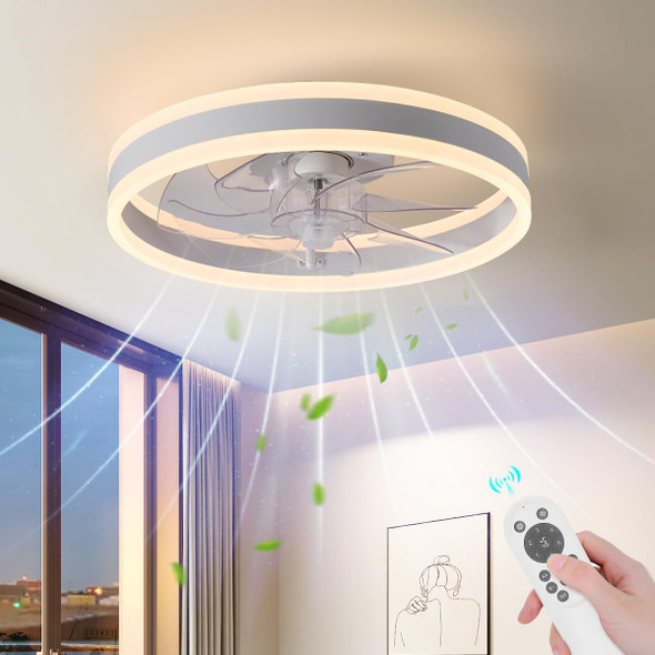 AHAWILL 15.7" LOW PROFILE CEILING FAN LIGHT REMOTE MODERN FLUSH MOUNT - WHITE New