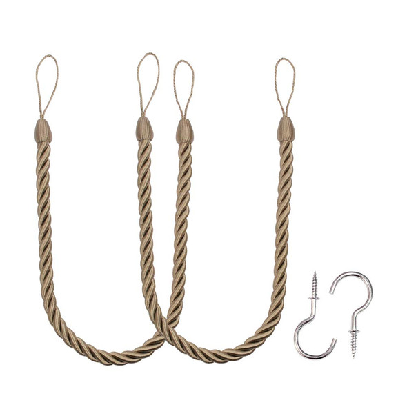 BEL AVENIR CURTAIN HANDMADE TIEBACKS ROPES HOLDBACKS 2 METAL SCREW HOOKS FLAXEN
