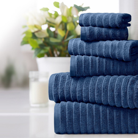BIBB HOME RIBBED EGYPTIAN COTTON TOWELS (SET OF 6) - DEEP BLUE New BIBB HOME RIBBED EGYPTIAN COTTON TOWELS (SET OF 6) - DEEP BLUE New