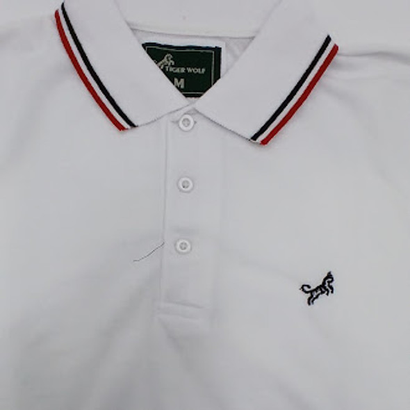 TIGER WOLF MEN'S THREE BUTTON POLO - SIZE: MEN M - WHITE/BLACK/RED TIGER WOLF MEN'S THREE BUTTON POLO - SIZE: MEN M - WHITE/BLACK/RED