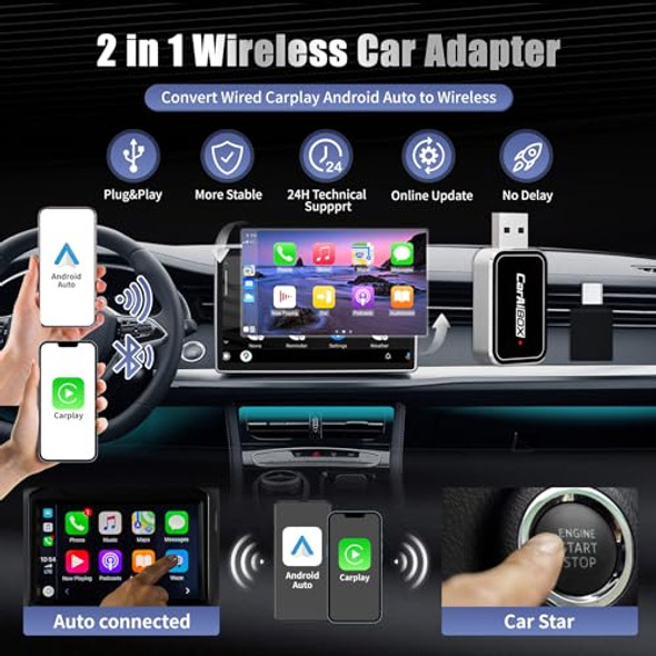 BVICNG 2 IN 1 WIRELESS CARPLAY ADAPTER & ANDROID AUTO WIRELESS 5.0 - BLACK