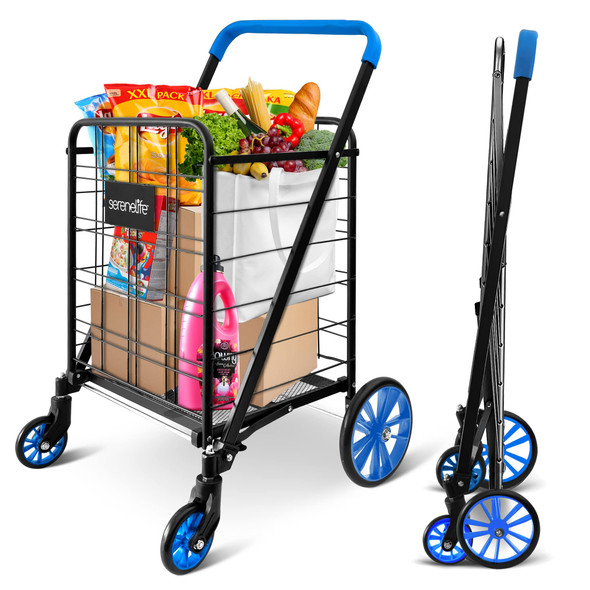 SereneLife Shopping Cart with 360 Rolling Swivel Wheels, Collapsible Design New