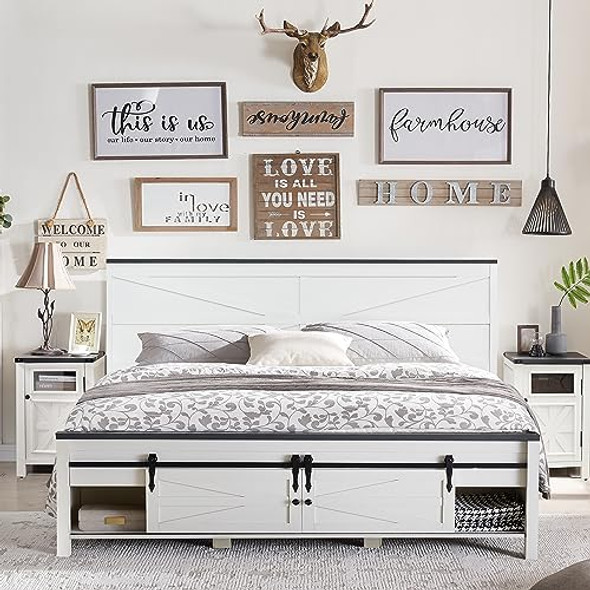 KING FARMHOUSE WOOD BED FRAME SLIDING BARN DOOR STORAGE NO BOX - ANTIQUE WHITE