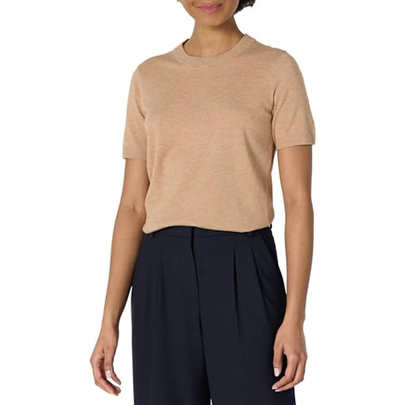 AMAZON ESSENTIALS WOMEN'S REGULAR-FIT SHORT SLEEVE PULLOVER SWEATER, M, CAMEL New AMAZON ESSENTIALS WOMEN'S REGULAR-FIT SHORT SLEEVE PULLOVER SWEATER, M, CAMEL New