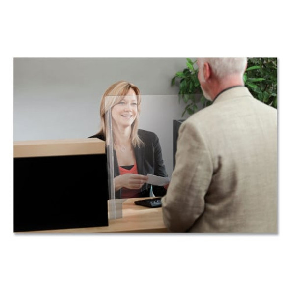 DEFLECTO COUNTER TOP BARRIER PASS THRU, 27" X 6" X 23.75" 2 PKS ACRYLIC, CLEAR New DEFLECTO COUNTER TOP BARRIER PASS THRU, 27" X 6" X 23.75" 2 PKS ACRYLIC, CLEAR New