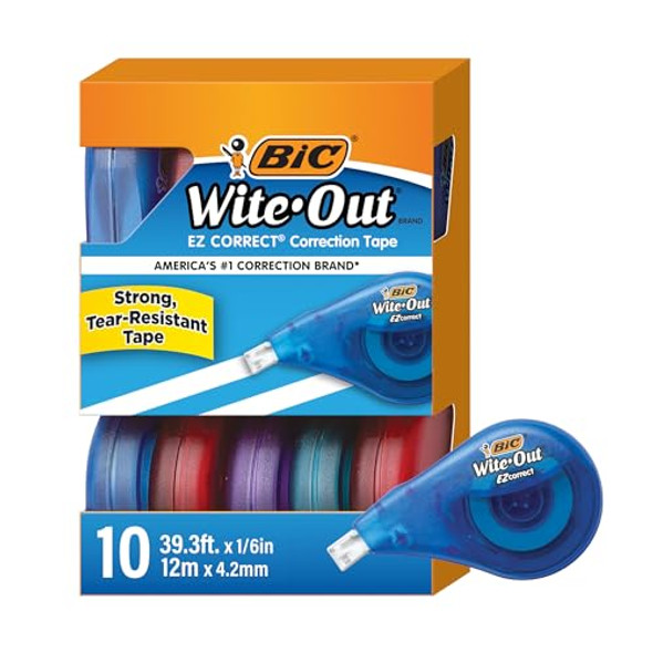 BIC WITE-OUT EZ CORRECT TEAR-RESISTANT TAPE 39.3 FT 10-COUNT PACK - MULTICOLOR New BIC WITE-OUT EZ CORRECT TEAR-RESISTANT TAPE 39.3 FT 10-COUNT PACK - MULTICOLOR New