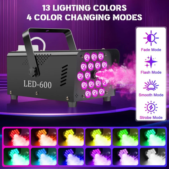 FOG MACHINE 18 LED LIGHTS 13 COLORS 2500CFM FOG 600W FAST SMOKE  - BLACK