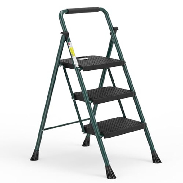 HBTOWER STEP LADDER, FOLDING STEP STOOL WITH WIDE ANTI-SLIP PEDAL - DARK/GREEN HBTOWER STEP LADDER, FOLDING STEP STOOL WITH WIDE ANTI-SLIP PEDAL - DARK/GREEN