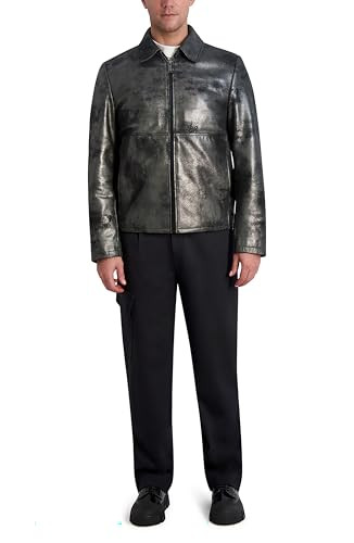 KARL LAGERFELD MENS SHIRT COLLAR SILVER LEATHER JACKET SIZE MEN LARGE BLACK New