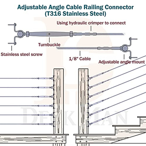DECK MAN T316-Stainless Steel Adjustable Angle 1/8" Cable Railing Kit/Hardware DECK MAN T316-Stainless Steel Adjustable Angle 1/8" Cable Railing Kit/Hardware