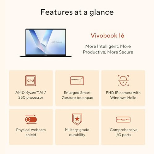 ASUS VIVOBOOK 16 LAPTOP, 16” WUXGA 60HZ AMD RYZEN AI 7 350 16GB 1TB SSD - BLUE