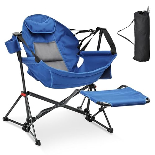 AINFOX Hammock Camping Chair with Footrest, Foldable Rocking Chairs - Blue