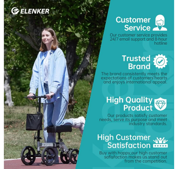 ELENKER YF-9002A STEERABLE DELUXE MEDICAL KNEE WALKER 10" WHEELS - SILVER New