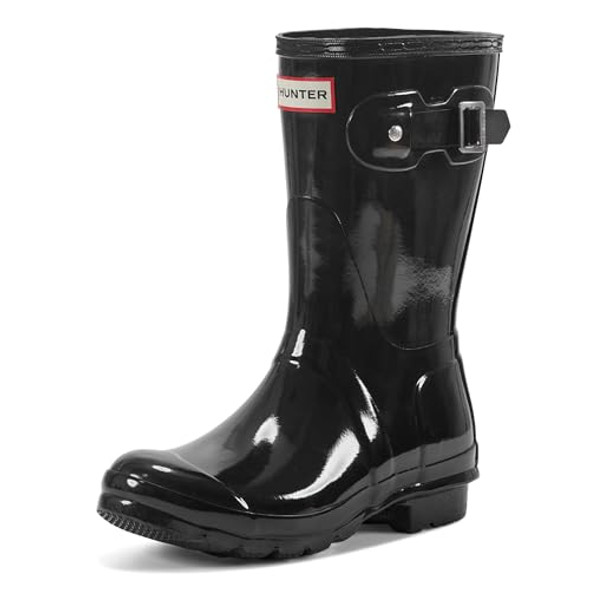 HUNTER WOMEN'S ORIGINAL SHORT GLOSS RAIN BOOTS SIZE: 8 BLACK