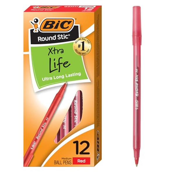 BIC ROUND STIC BALLPOINT PENS, MEDIUM POINT 1.0 MM, TRANSLUCENT BARREL - RED BIC ROUND STIC BALLPOINT PENS, MEDIUM POINT 1.0 MM, TRANSLUCENT BARREL - RED