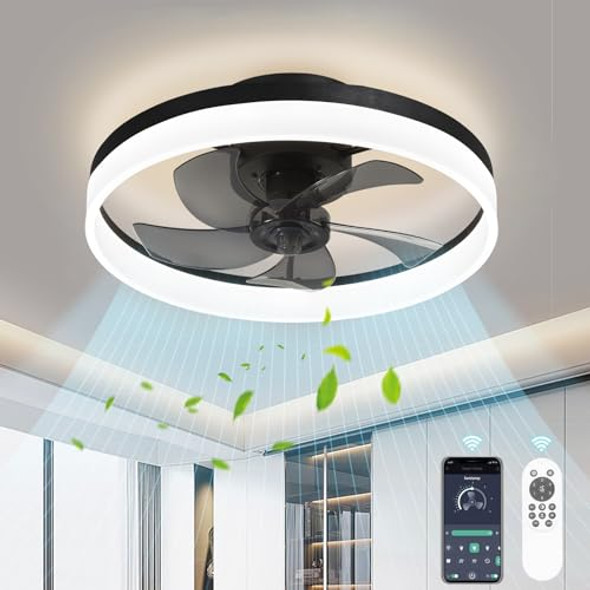 AHAWILL LOW PROFILE CEILING FANS LIGHTS 19.7" FLUSH MOUNT CEILING FAN - BLACK New