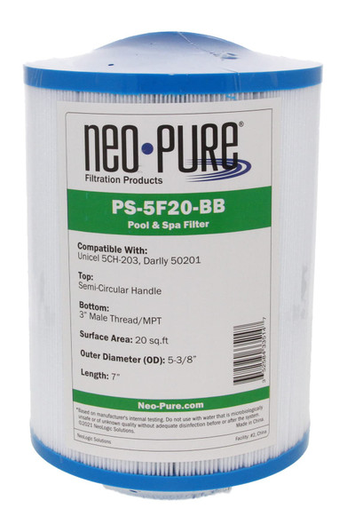 NEO-PURE PS-5F20-BB POOL AND SPA FILTER, 5-3/8" X 7”, - BLU/WHITE New NEO-PURE PS-5F20-BB POOL AND SPA FILTER, 5-3/8" X 7”, - BLU/WHITE New