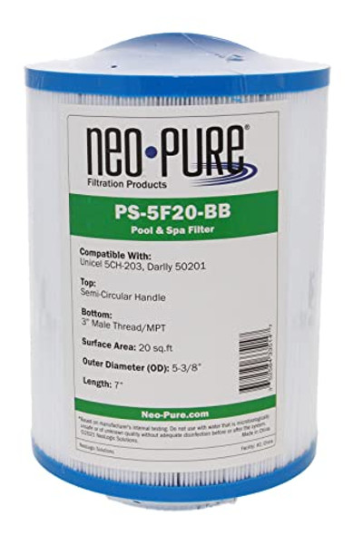 NEO-PURE PS-5F20-BB POOL AND SPA FILTER, 5-3/8" X 7”, - BLU/WHITE New NEO-PURE PS-5F20-BB POOL AND SPA FILTER, 5-3/8" X 7”, - BLU/WHITE New