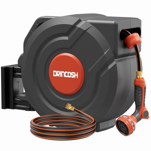 DRINCOSH UPGRADED RETRACTABLE GARDEN HOSE REEL 5/8IN X 90FT - GRAY/RED