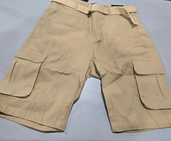 BLU ROCK NEW YORK MEN SLIM FIT STRETCH BELTED CARGO SHORTS - SIZE: 38 - KHAKI New