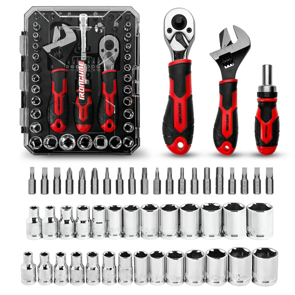 IRONCUBE 53-PIECE SOCKET RATCHET WRENCH 20-IN-1 WITH 2-IN-1 WRENCH BLACK/RED IRONCUBE 53-PIECE SOCKET RATCHET WRENCH 20-IN-1 WITH 2-IN-1 WRENCH BLACK/RED