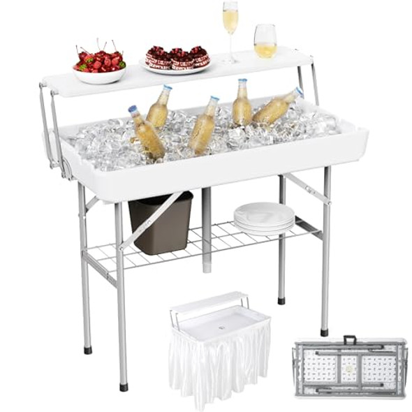 ALLPOP 2 TIERS FOLDING ICE COOLER TABLE WITH MATCHING SKIRT - WHITE New ALLPOP 2 TIERS FOLDING ICE COOLER TABLE WITH MATCHING SKIRT - WHITE New