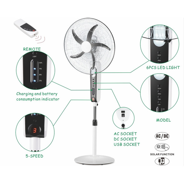 TECHNICAL PRO 18” RECHARGEABLE FLOOR FAN WITH LED LIGHT & POWERBANK - WHITE