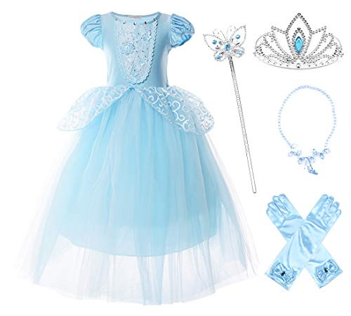 JERRIS APPAREL GIRLS PRINCESS COSTUME PUFF SLEEVE FANCY DRESS UP - BLUE - 7Y