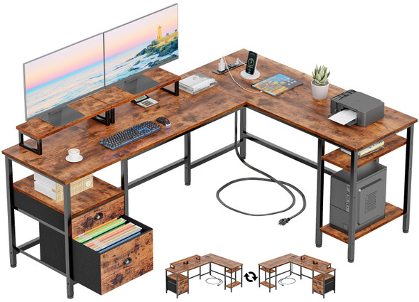 FUROLOGEE 66” L SHAPED DESK POWER OUTLET REVERSIBLE GAMING DESK - RUSTIC BROWN FUROLOGEE 66” L SHAPED DESK POWER OUTLET REVERSIBLE GAMING DESK - RUSTIC BROWN