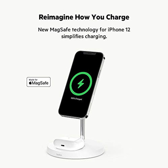 BELKIN MAGSAFE 2-IN-1 WIRELESS CHARGING STAND IPHONE 13,14,15,16,AIRPODS WHITE