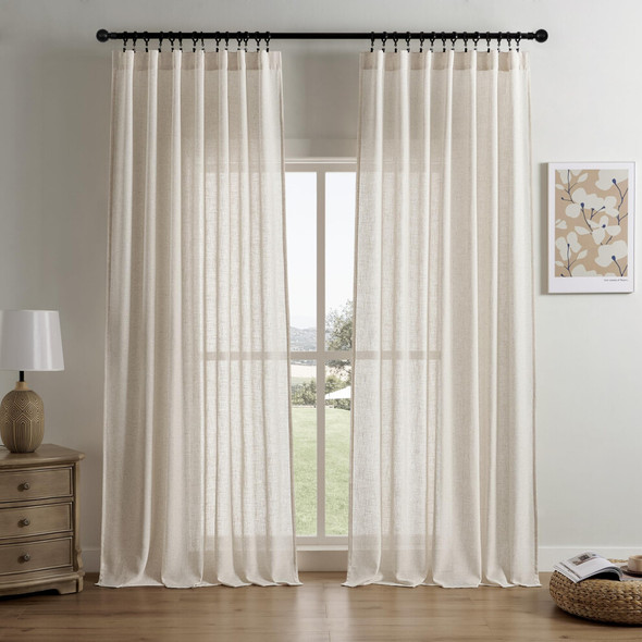 JOYDECO LINEN CURTAINS FOR LIVING ROOM SEMI-SHEER CURTAINS - BEIGE New