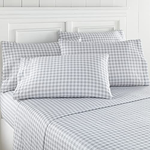 SHAVEL HOME PRODUCTS SEERSUCKER SHEET SET KING GINGHAM GRAY - WHITE/GRAY New