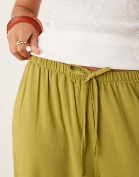 ASOS DESIGN LINEN LOOK PULL ON PANTS - SIZE: WOMEN L - OLIVE GREEN