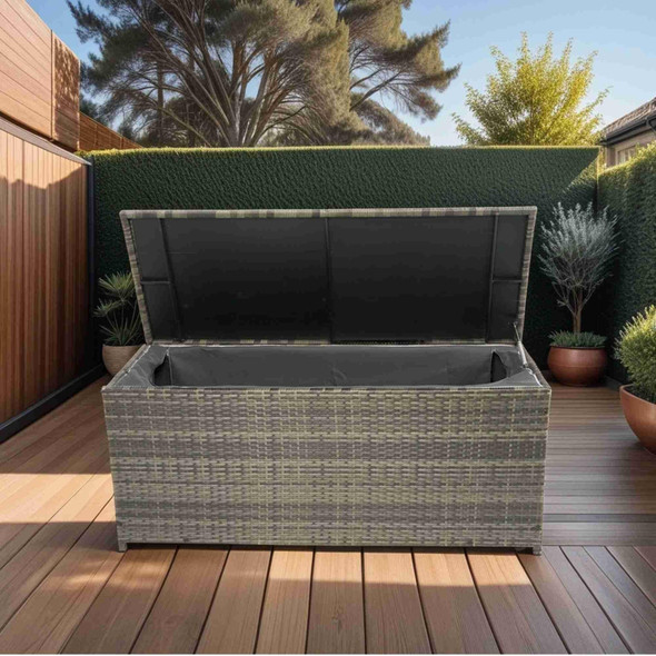 BED BATH & BEYOND GREY WICKER OUTDOOR CUSHION STORAGE BOX 113 GALLON - SILVER