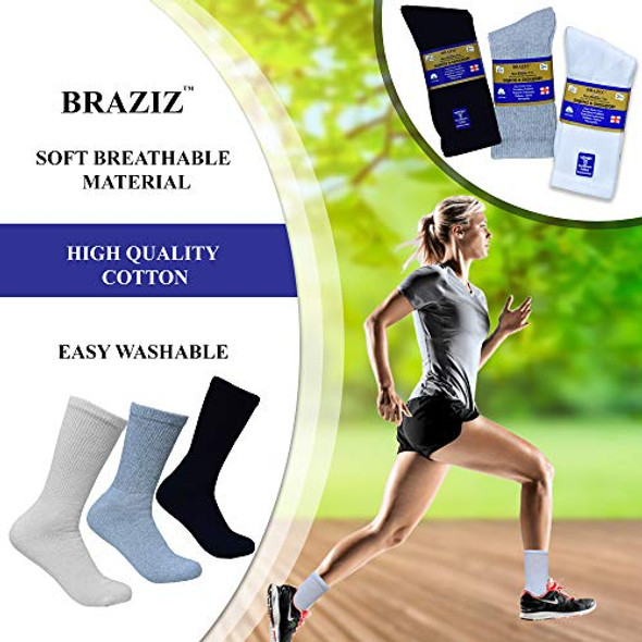 BRAZIZ 12 PAIRS NON-BINDING CUSHION COTTON DIABETIC CREW SOCKS WOMEN’S - BLACK New