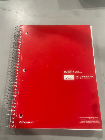 OFFICE DEPOT WIREBOUND NOTEBOOK 8" X 10-1/2", 5 WIDE RULED, 180 SHEETS - RED New