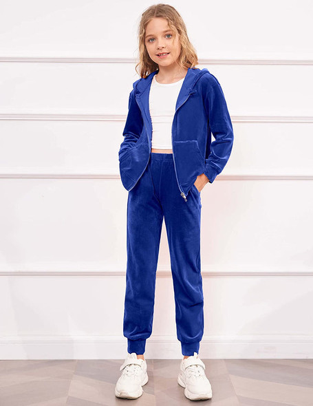 ARSHINER 2 PIECE OUTFITS GIRLS VELOUR TRACKSUIT HOODIE JOGGER SET - ROYAL BLUE New