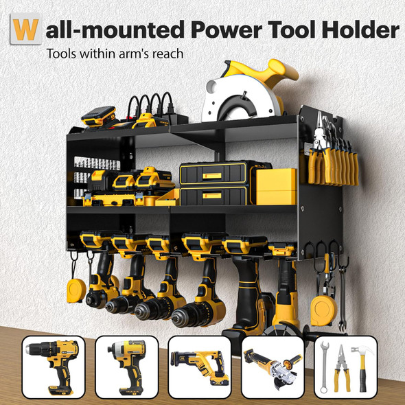 SPAMPUR POWER TOOL ORGANIZER WALL MOUNT WITH 6 CORDLESS DRILL HOLDER - BLACK New