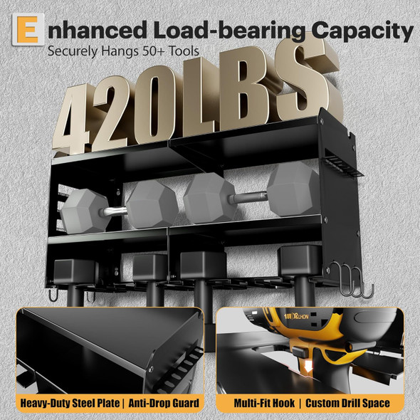 SPAMPUR POWER TOOL ORGANIZER WALL MOUNT WITH 6 CORDLESS DRILL HOLDER - BLACK New