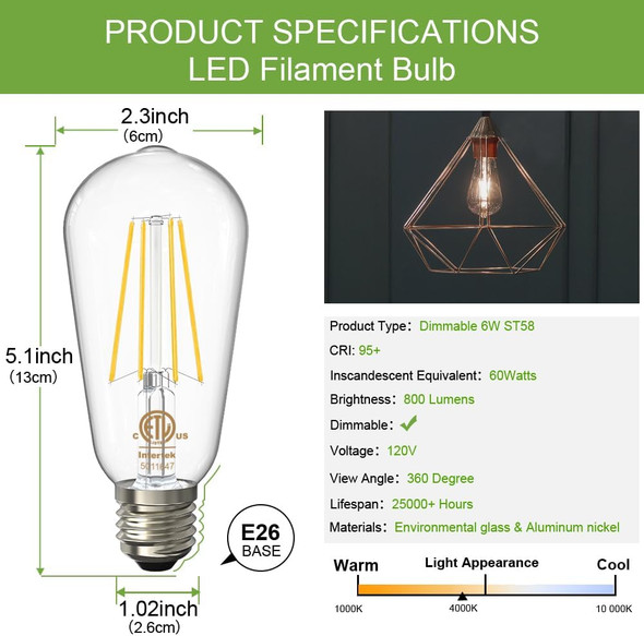 VOLXON DIMMABLE E26 EDISON BULBS 60 WATT LED EQUIVALENT (4 PCS) 4 COUNT - SILVER