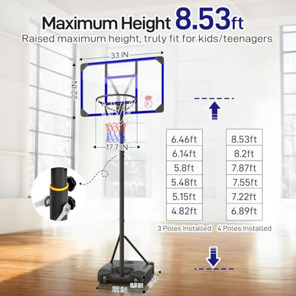 YOHOOD KIDS BASKETBALL HOOP OUTDOOR 4.82-8.53FT ADJUSTABLE, LX-908-BLUE