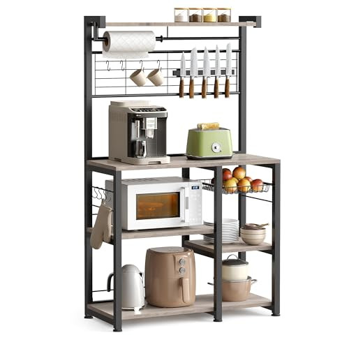 VASAGLE BAKERS RACK WITH MAGNETIC KNIFE HOLDER, WIRE BASKET - GREIGE/BLACK