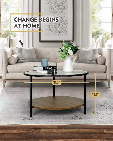 MONCOT ROUND 2-TIER COCKTAIL TABLE, WALNUT WOODEN BASE AND GOLD METAL FRAME