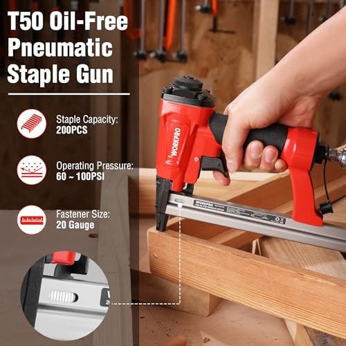 WORKPRO PNEUMATIC 20GA OIL-FREE STAPLE GUN T50 UPHOLSTERY STAPLER - RED/BLACK