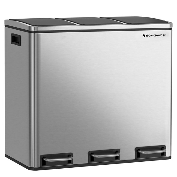 SONGMICS Trash Can, 3 x 4.8 Gallon Garbage Can, 14.4 Gallon Recycle Bin, Silver